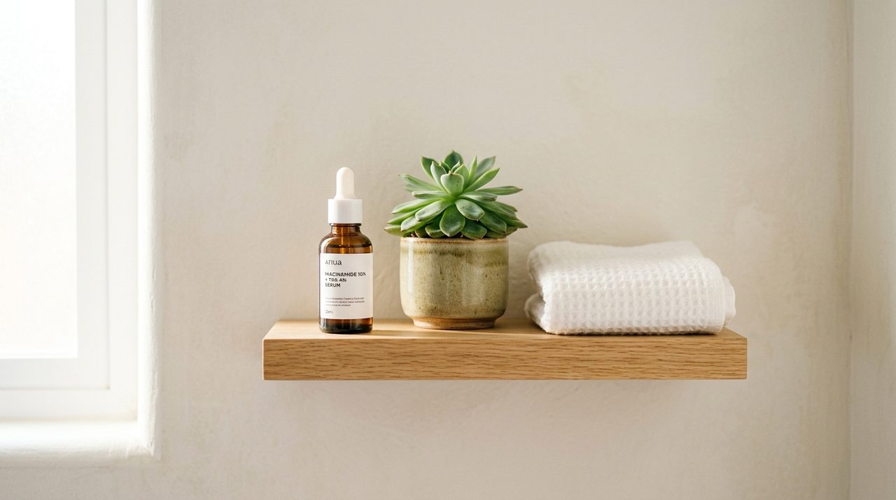 Siero Anua Niacinamide 10% in un ambiente bagno minimalista.