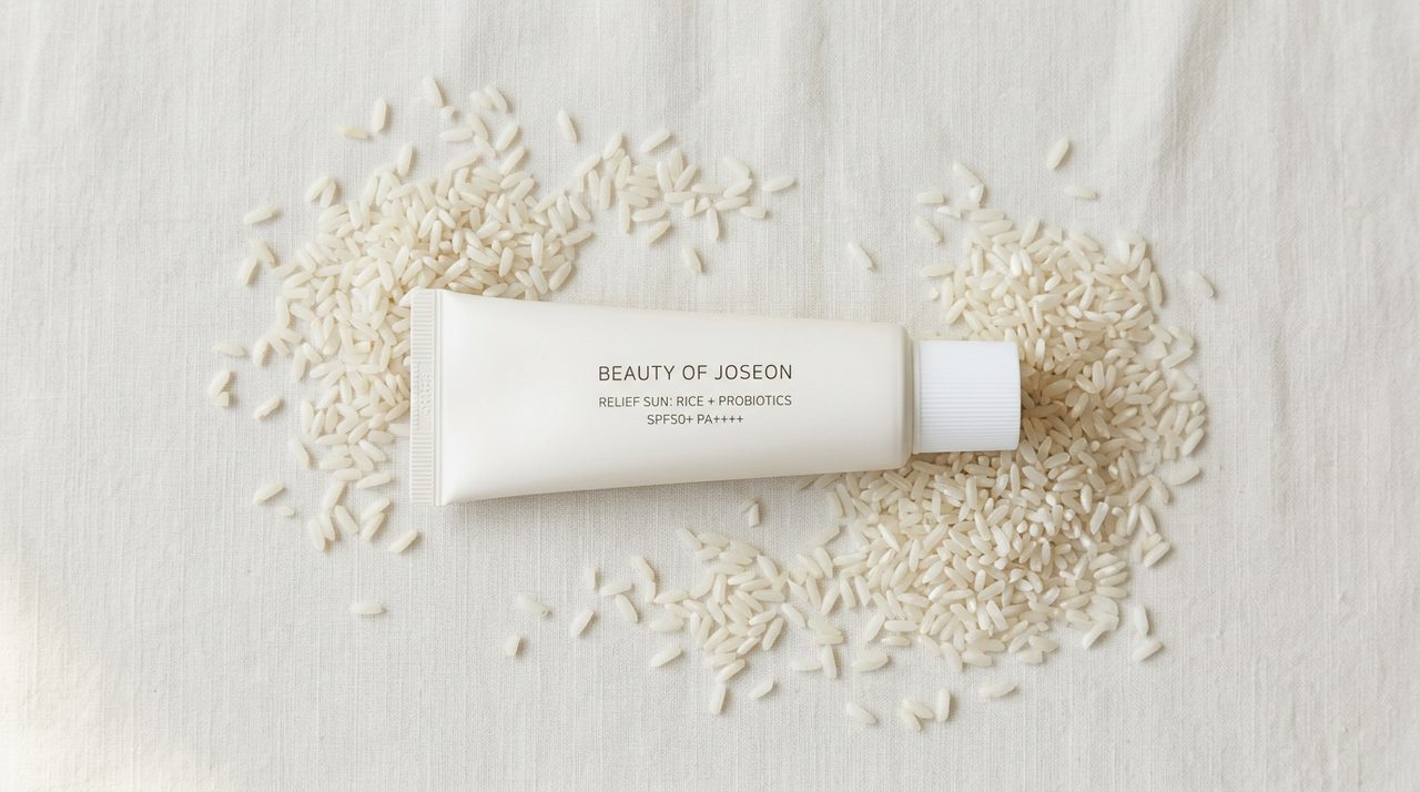 Flacone della protezione solare Beauty of Joseon Relief Sun su sfondo neutro