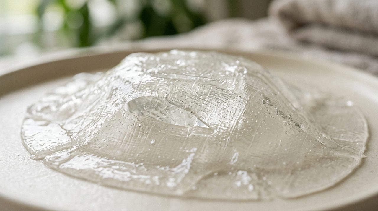 Dettaglio della texture della maschera Biodance al collagene prima dell'applicazione.