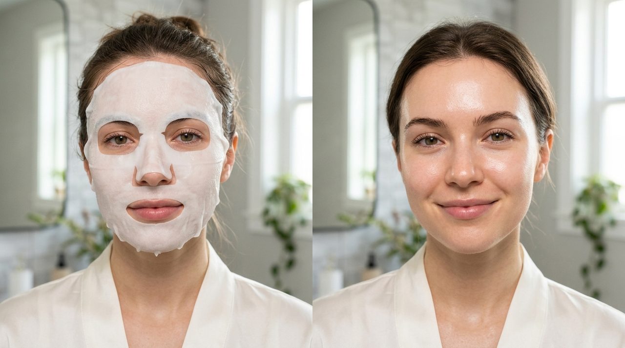 Confronto tra la maschera Biodance appena applicata (opaca) e dopo ore di posa (trasparente).