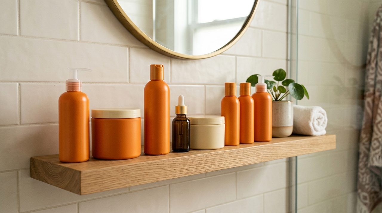 Una selezione di prodotti Cantu per capelli ricci su una mensola del bagno.