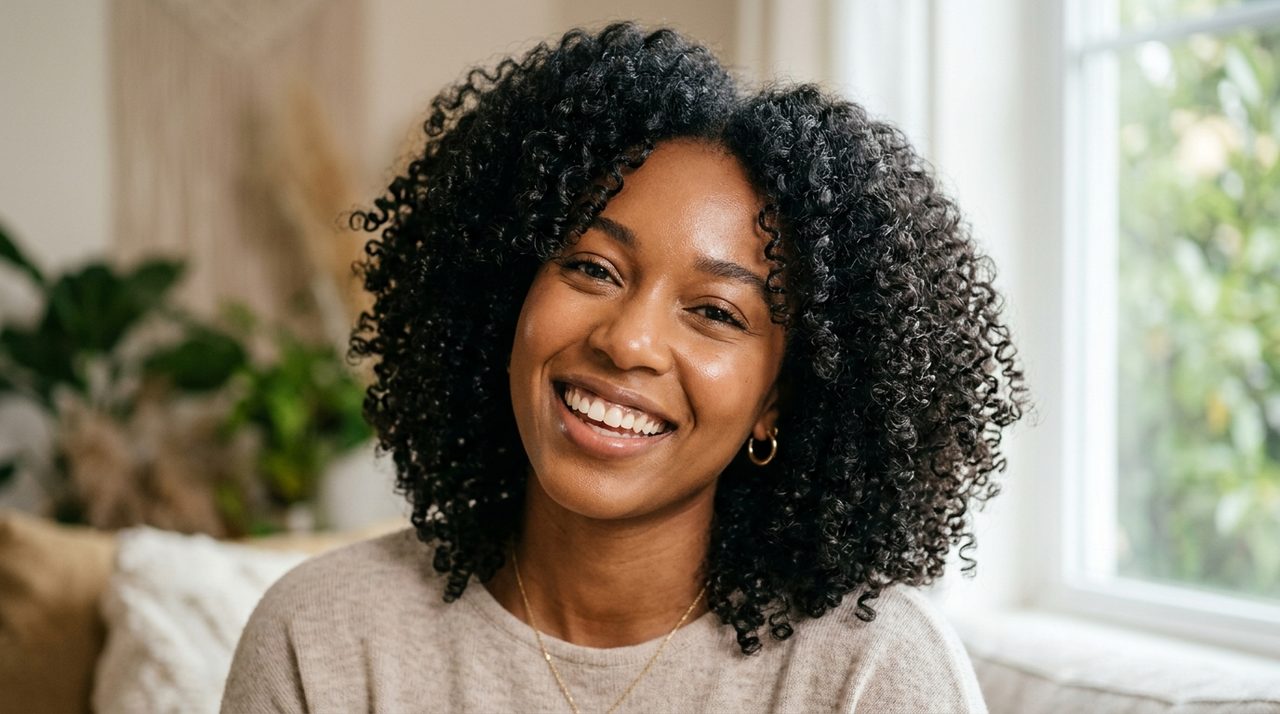 Dettaglio di una donna con capelli ricci definiti e idratati.