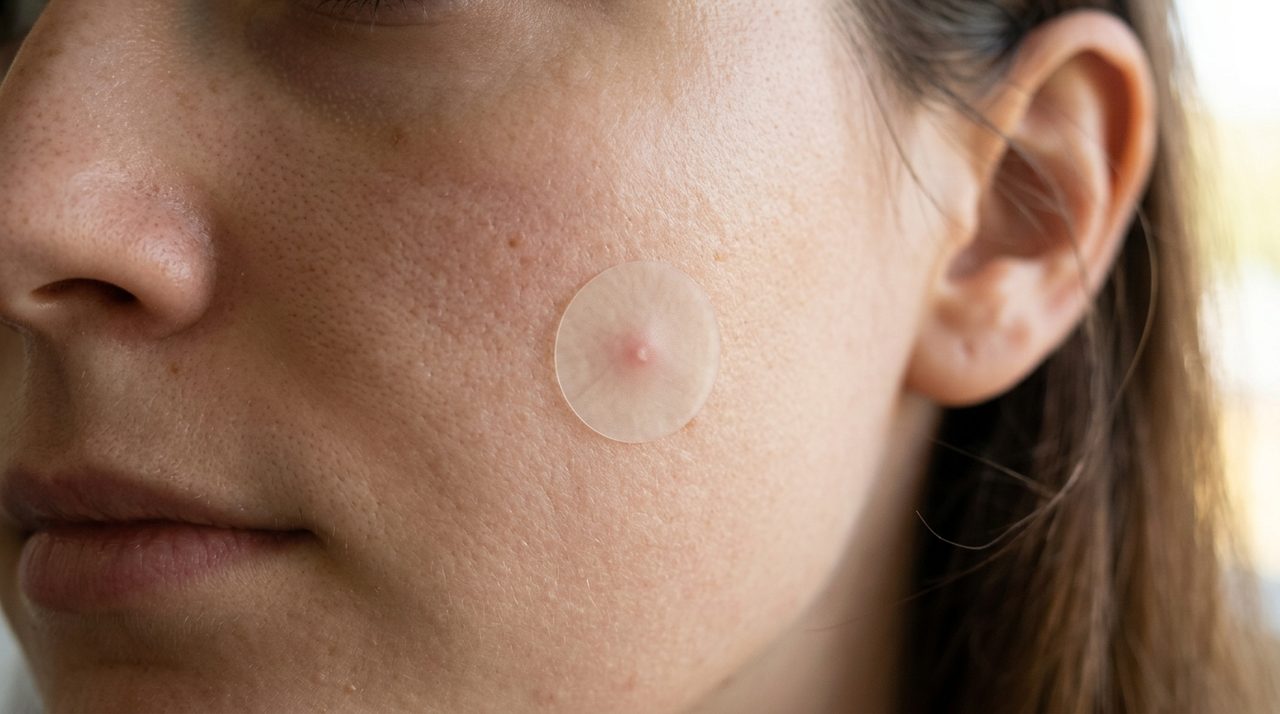 Un primo piano di un cerotto COSRX Acne Pimple Patch applicato sulla pelle del viso.