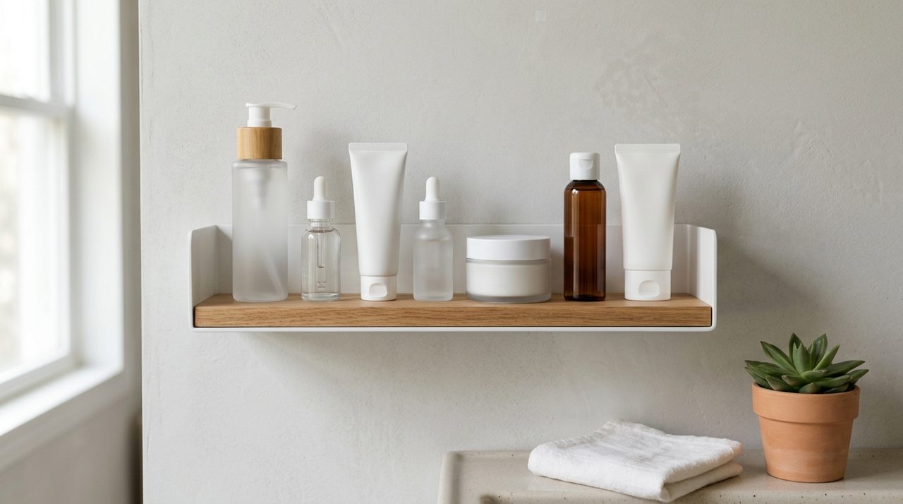 Scaffale da bagno con una selezione di prodotti COSRX per la skincare coreana