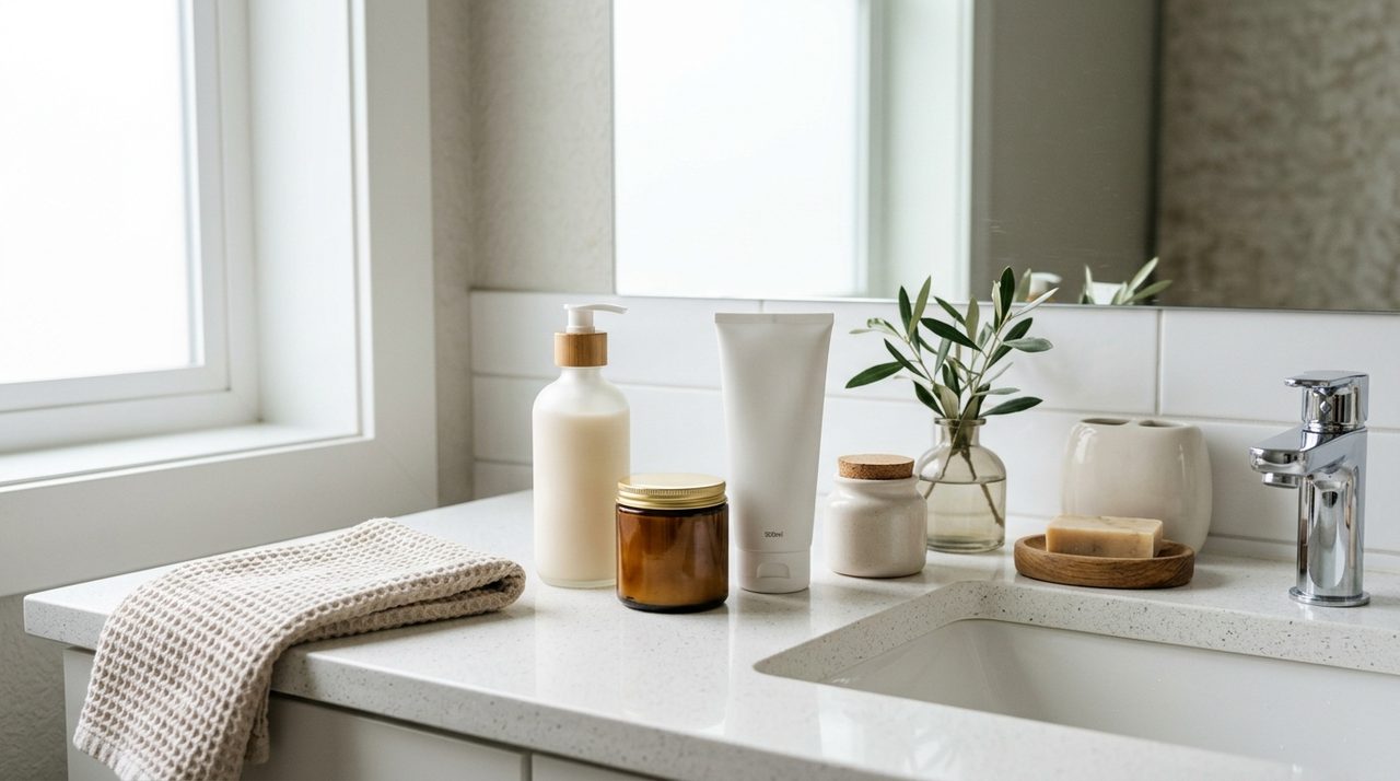 Diverse creme per capelli ricci su un ripiano del bagno.