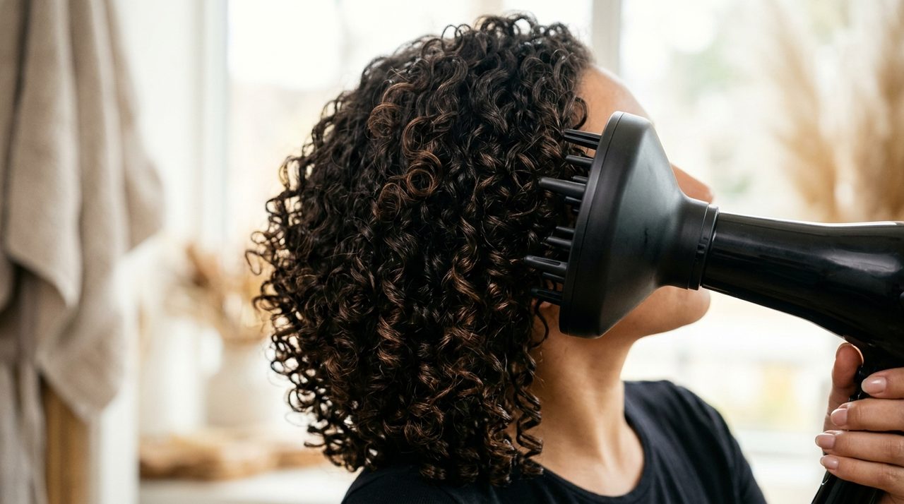 Una donna asciuga i capelli ricci con un diffusore per definire i boccoli senza crespo