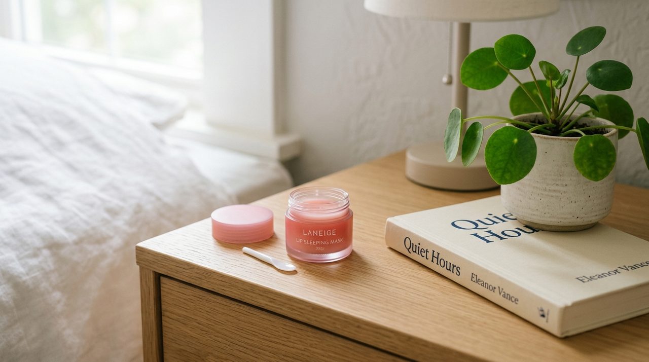 Vasetto della maschera labbra Laneige su un comodino minimalista