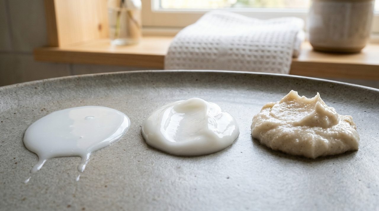 Un primo piano di diverse texture di leave-in su una superficie: un latte leggero, una crema media e uno smoothie denso.