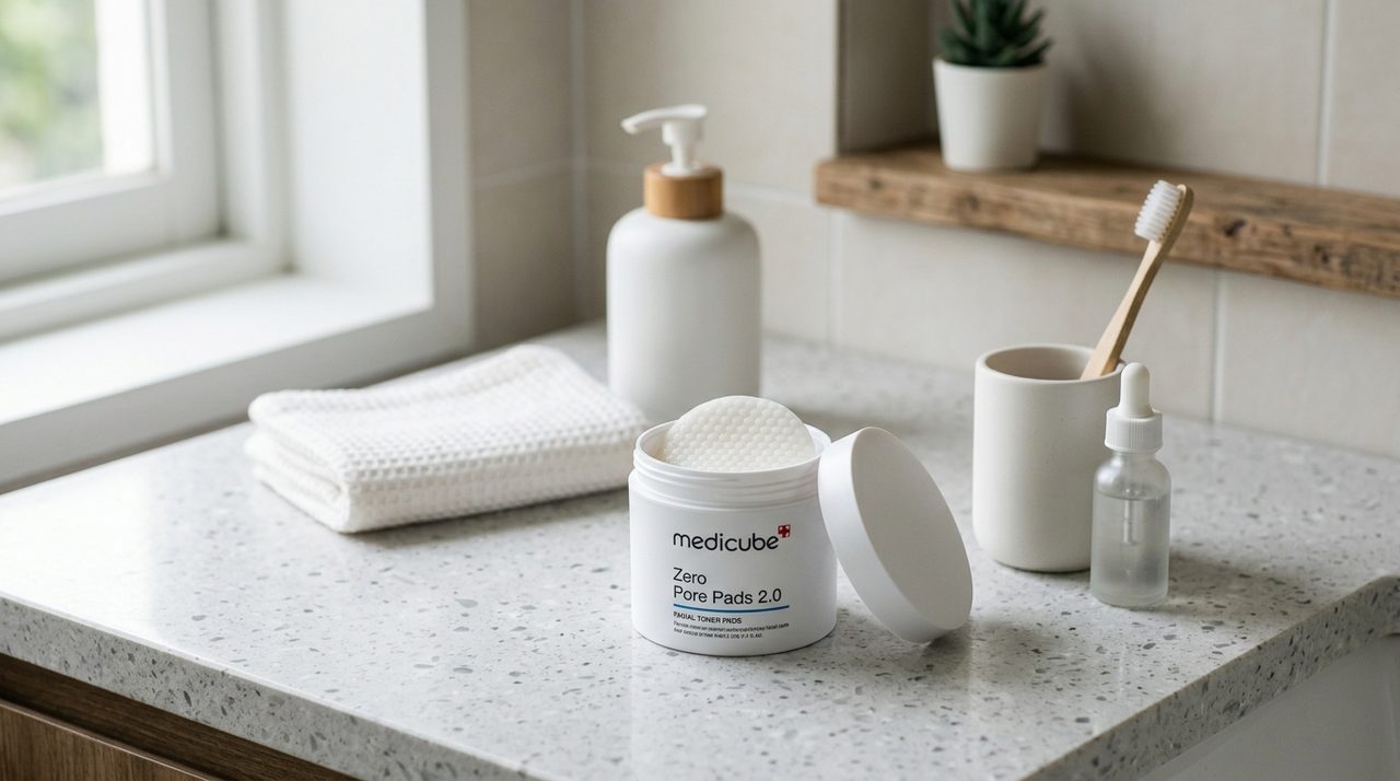 Primo piano dei dischetti Medicube Zero Pore Pads 2.0 pronti all'uso in un bagno luminoso.