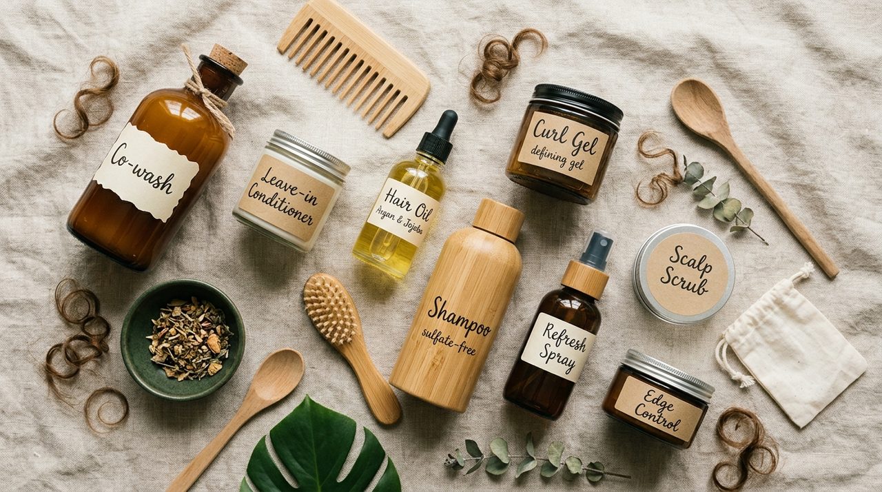 Un glossario di prodotti per capelli ricci disposti su un tavolo.