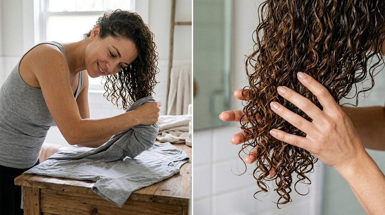 Tecniche di plopping e scrunch per definire i capelli ricci.