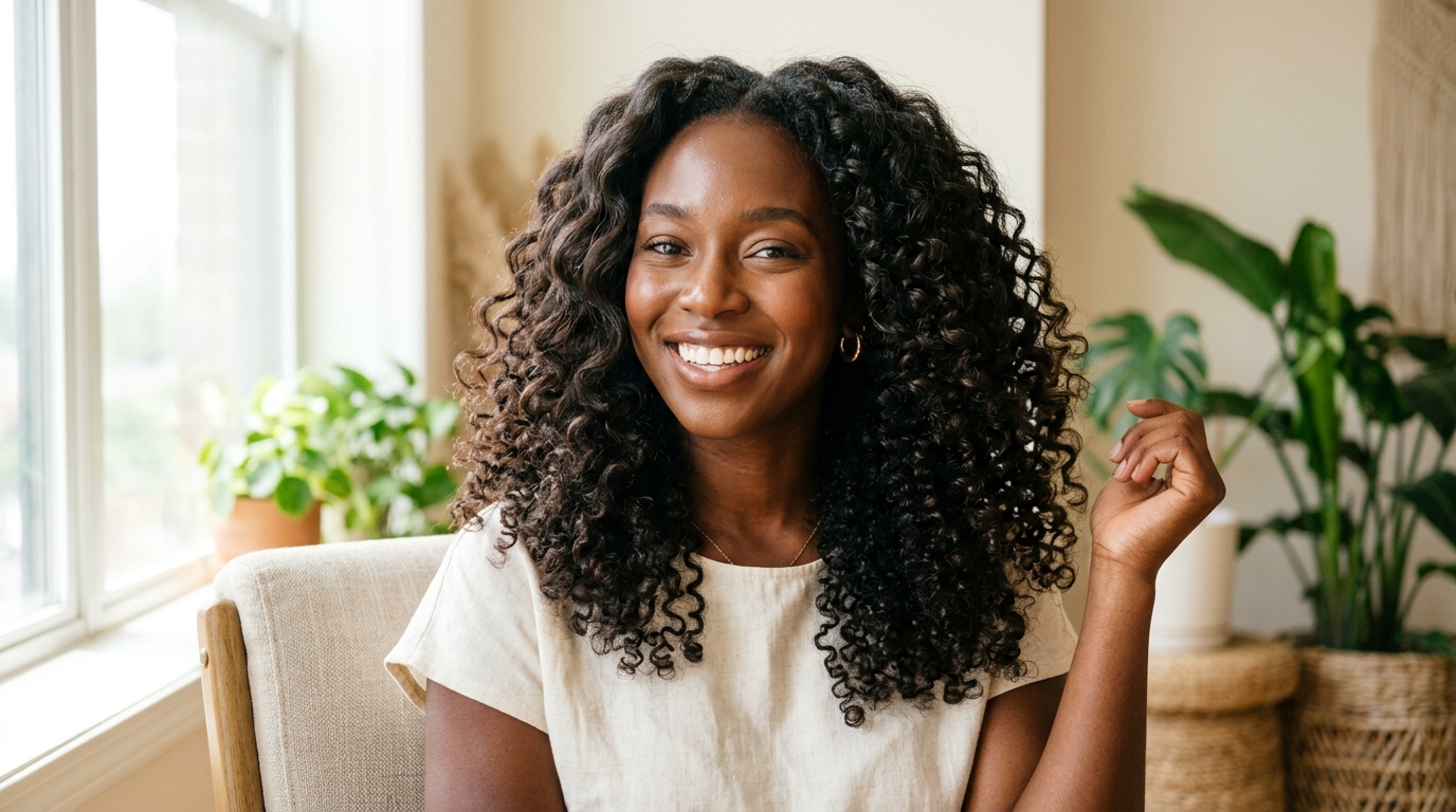 Donna sorridente con capelli ricci, tipi 2, 3 e 4