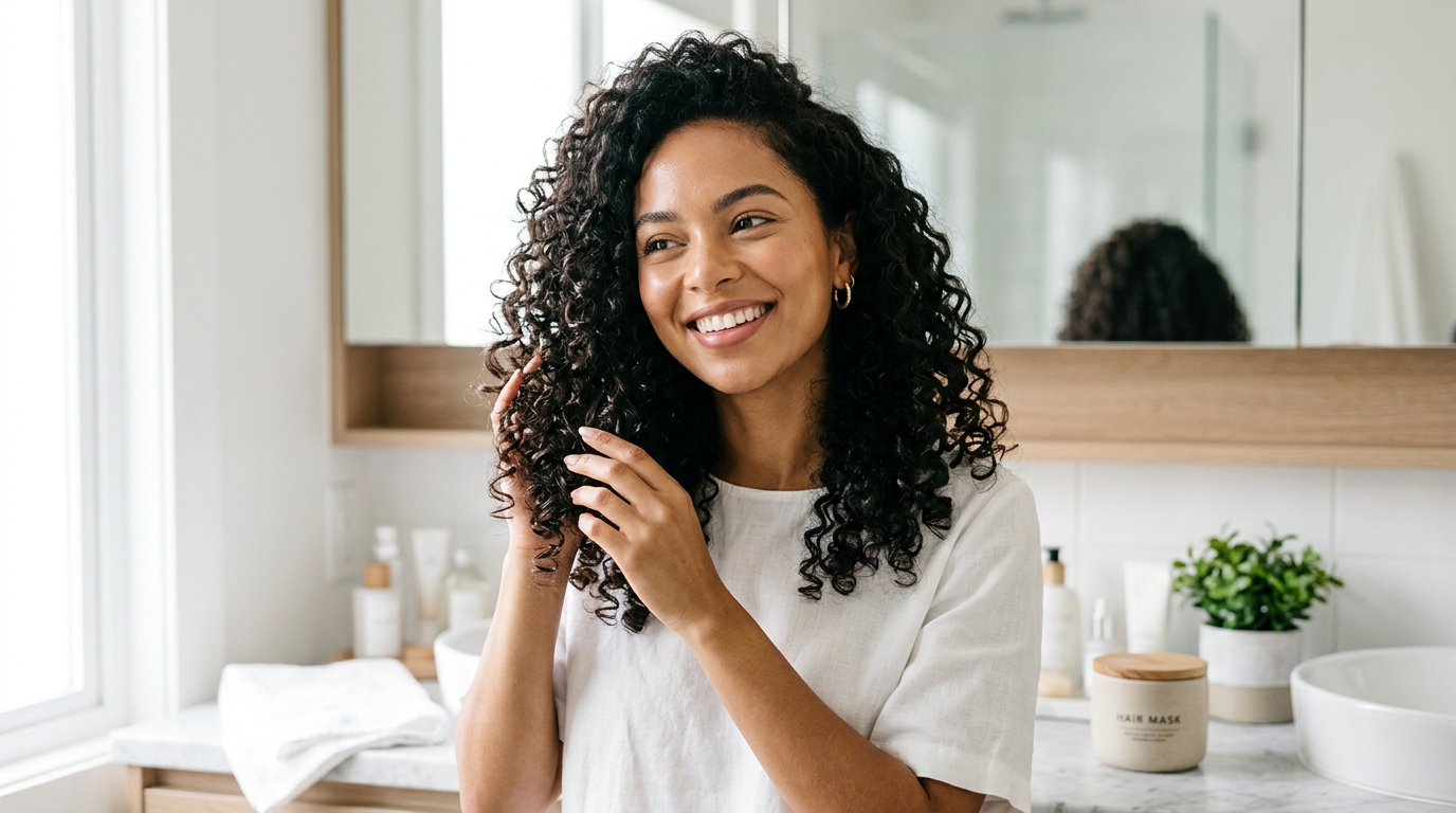 Donna con capelli ricci lucidi e definiti che sorride in un bagno luminoso