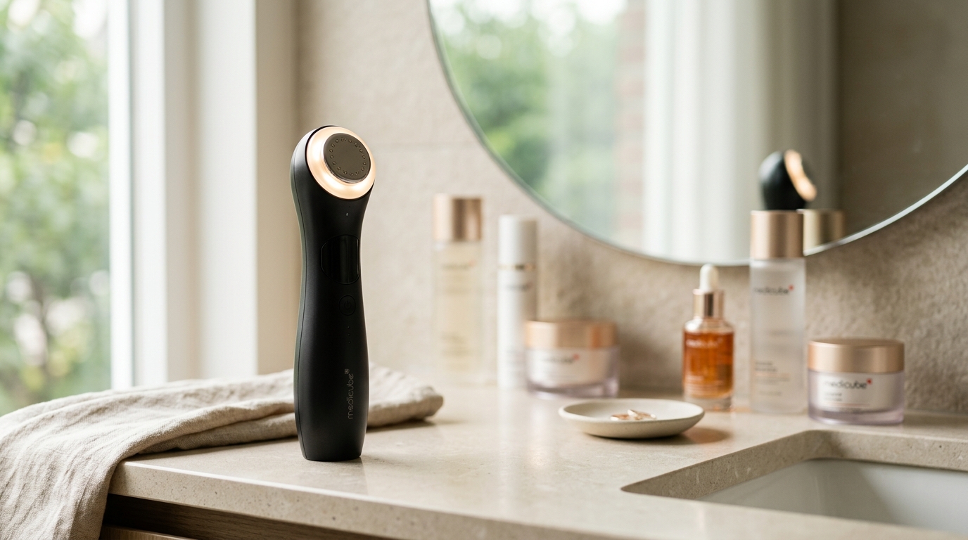 Dispositivo Medicube Age-R Booster Pro nero su una superficie elegante, con prodotti skincare coreani.