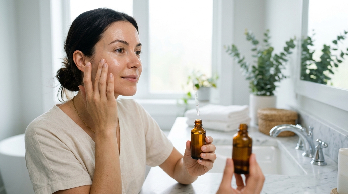 Donna che applica siero viso in un bagno luminoso