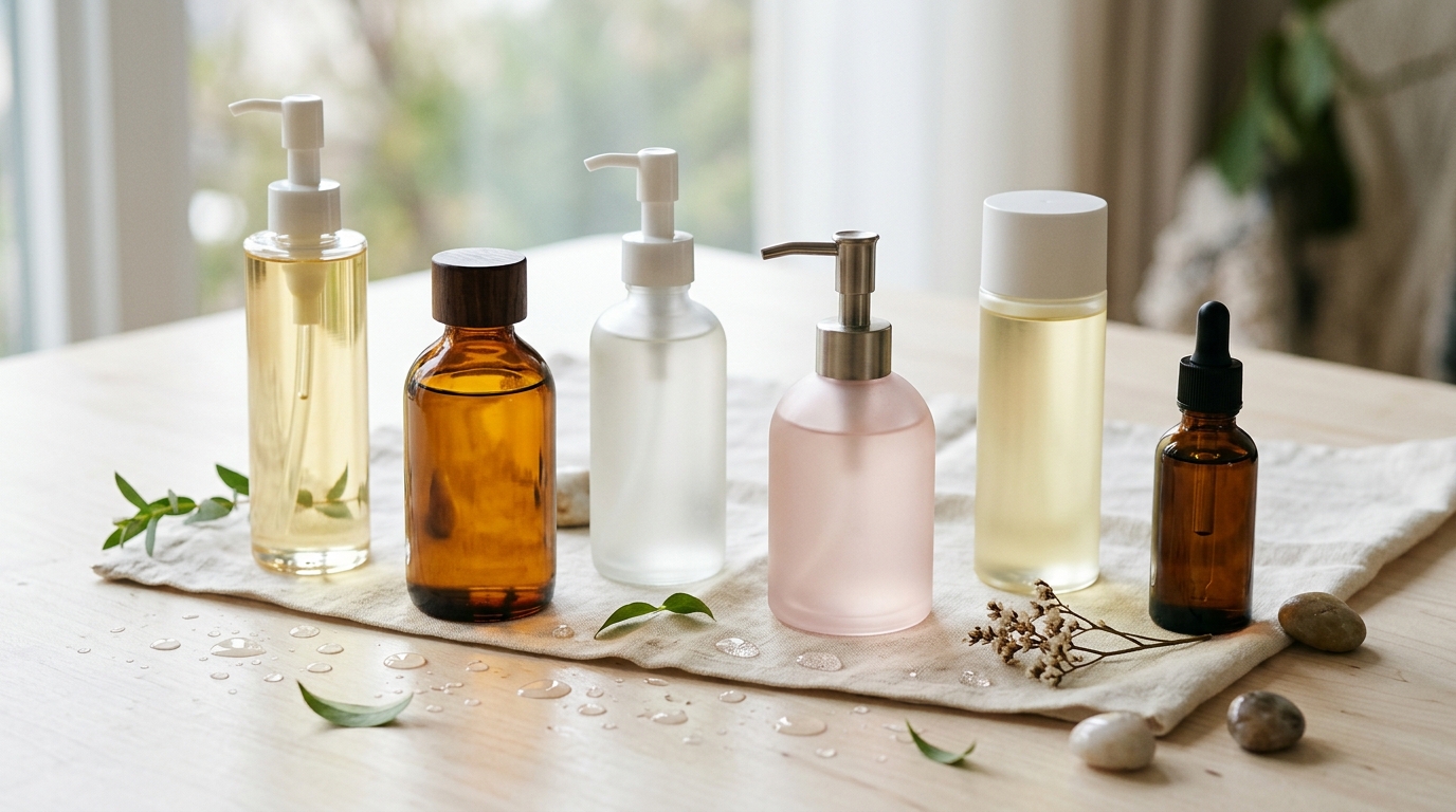 Oil cleanser coreani in una composizione artistica con gocce d'acqua