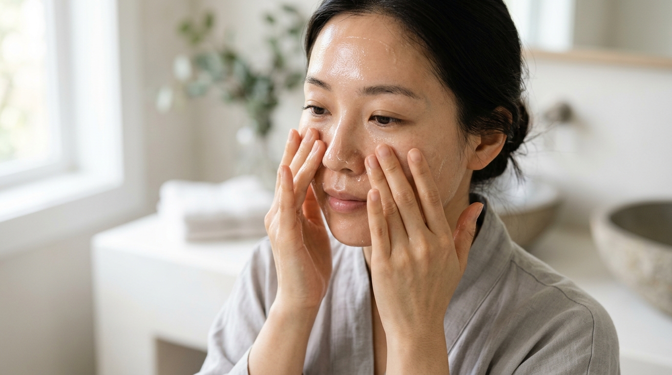 Donna che massaggia delicatamente un olio detergente coreano sul viso