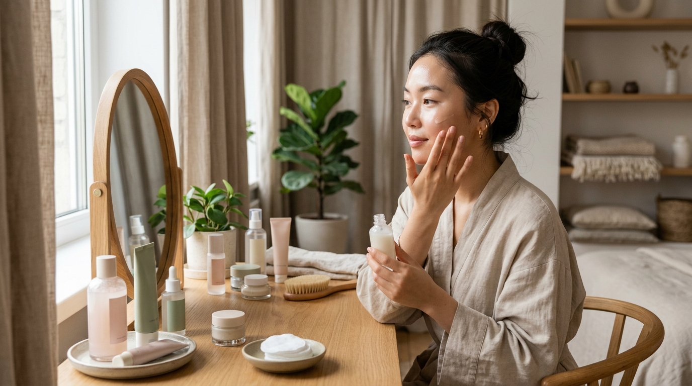 Donna che applica prodotti skincare coreana sulla pelle, con sfondo di flaconi e packaging k-beauty