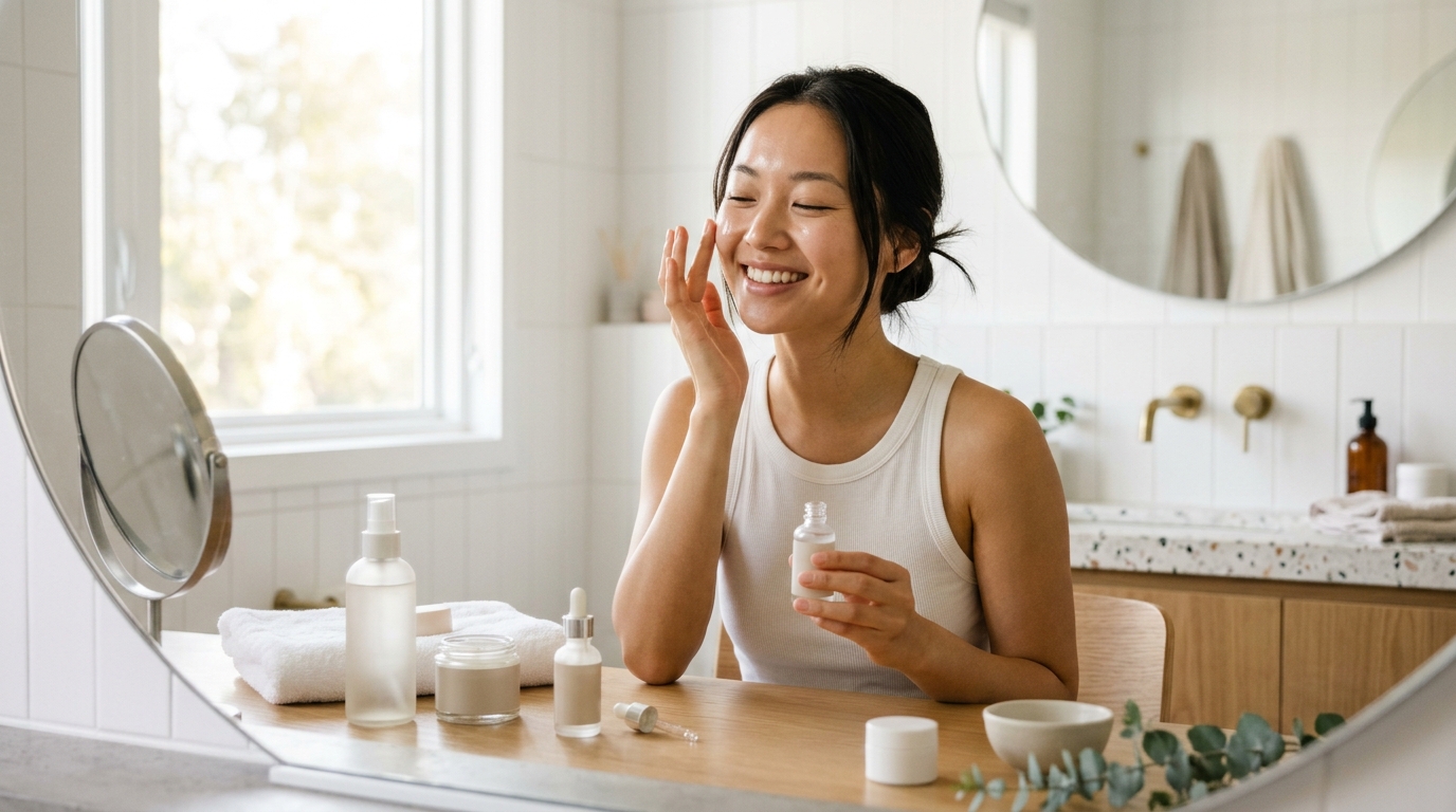 Donna felice che applica un prodotto skincare coreano in un bagno luminoso.