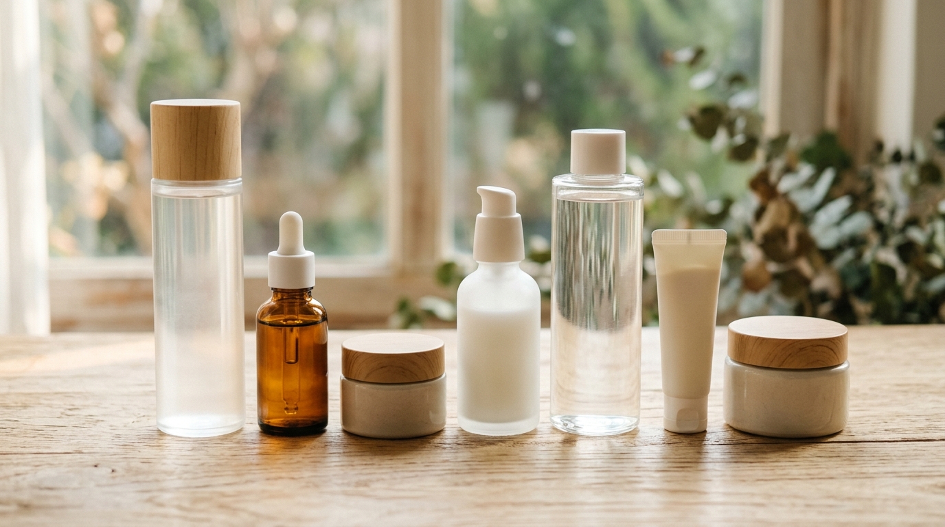 Prodotti skincare coreani, come toner, sieri e creme, disposti su una superficie chiara con luce naturale.