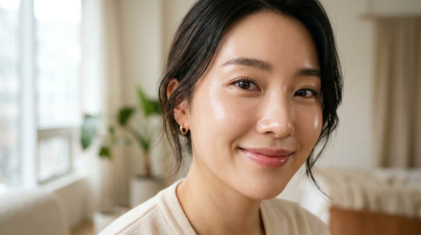 Primo piano di un viso femminile con pelle luminosa e sana, effetto "glass skin" della skincare coreana.